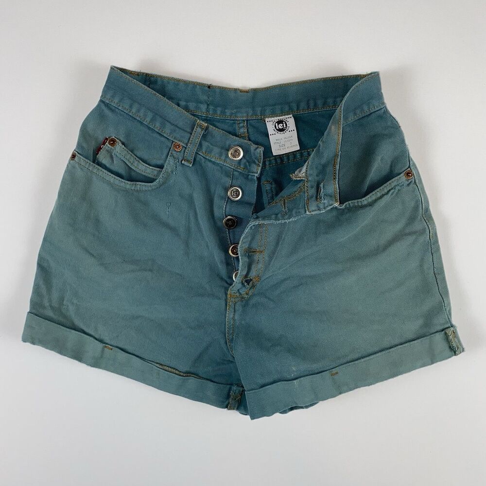 Y2K Lei Riding Wear High Rise Button Fly Cuffed Denim Mom Shorts Blue Juniors 7